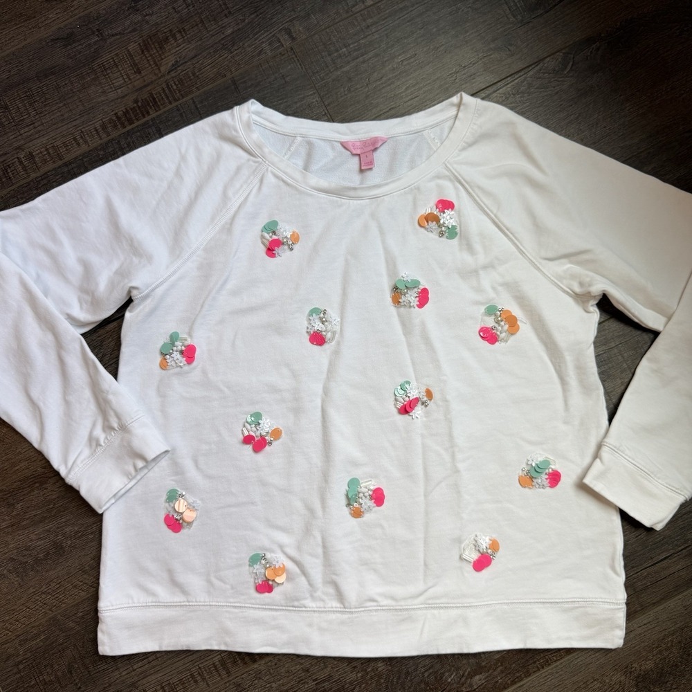 Lilly Pulitzer White Embellished Sequin Bead Pullover Sweatshirt Women's Size L